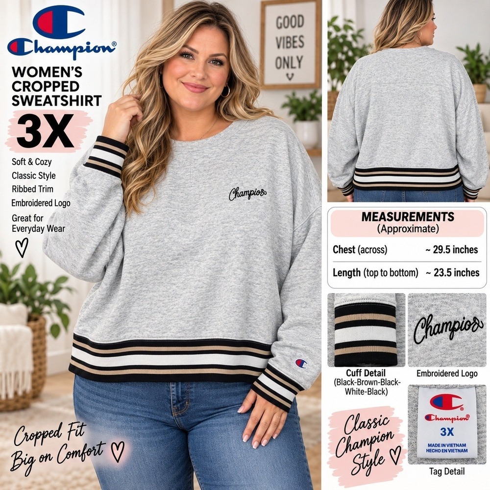 Champion Womens Cropped Sweatshirt 3X Gray Heather Striped Trim New